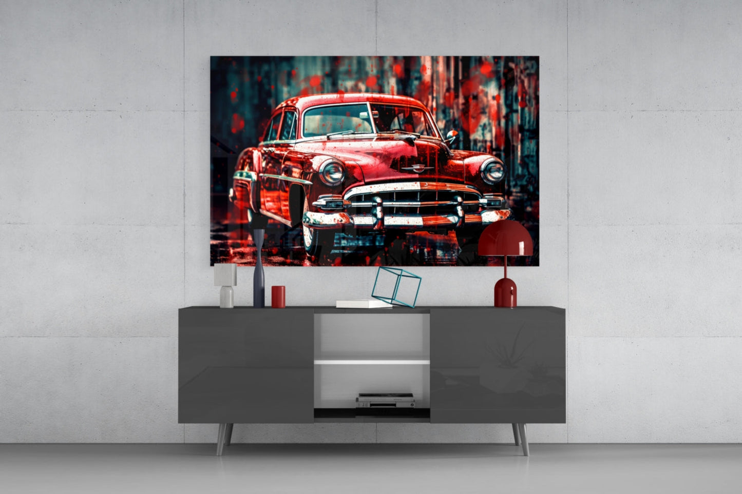Red vintage car glass wall art mounted above gray media console in modern living room interior.