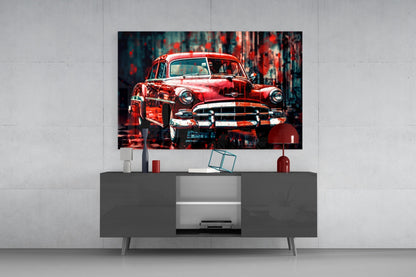 Red vintage car glass wall art mounted above gray media console in modern living room interior.