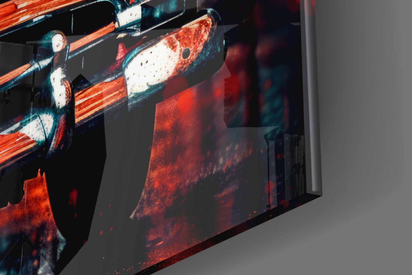Angled view of vintage car glass wall art displaying red and white classic automobiles with orange striping against dark background.
