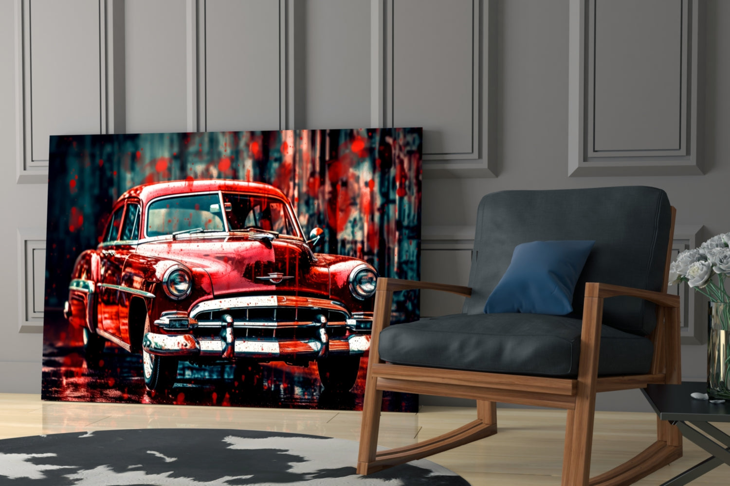 Vibrant red vintage car glass wall art displayed in modern living room with wooden chair and paneled walls.