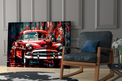 Vibrant red vintage car glass wall art displayed in modern living room with wooden chair and paneled walls.