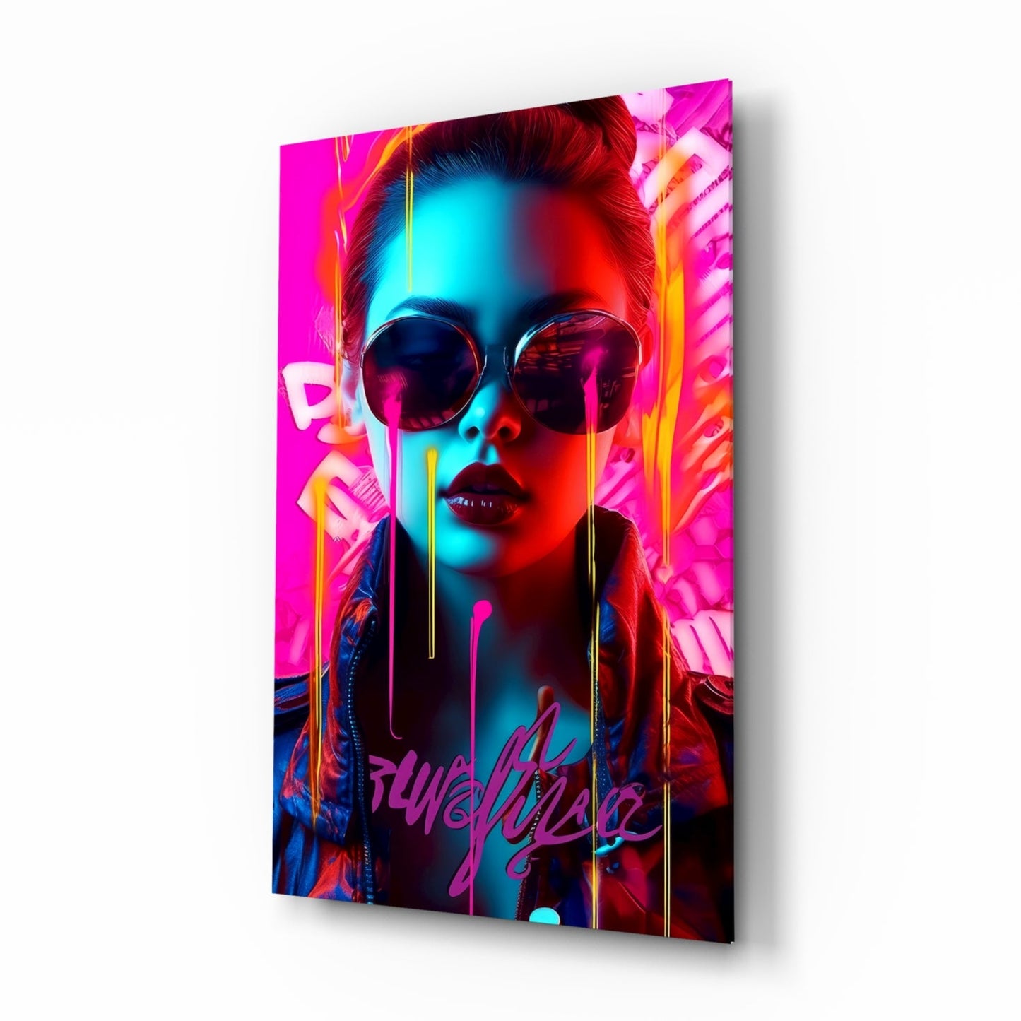 Pink Graffiti Drip Woman Glass Wall Art