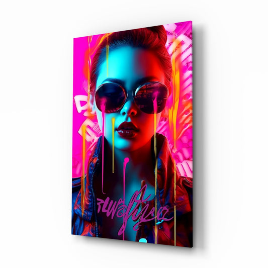 Portrait of woman wearing sunglasses on glass wall art with neon pink, cyan and red lighting effects and "Funk" graffiti text, angled three-quarter view.