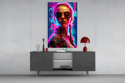Braided Neon Aviator Woman Glass Wall Art