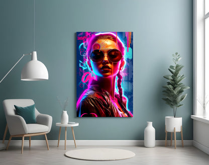 Braided Neon Aviator Woman Glass Wall Art