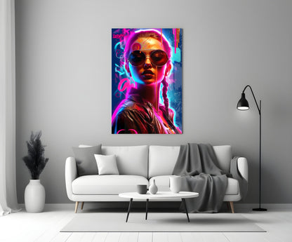Braided Neon Aviator Woman Glass Wall Art
