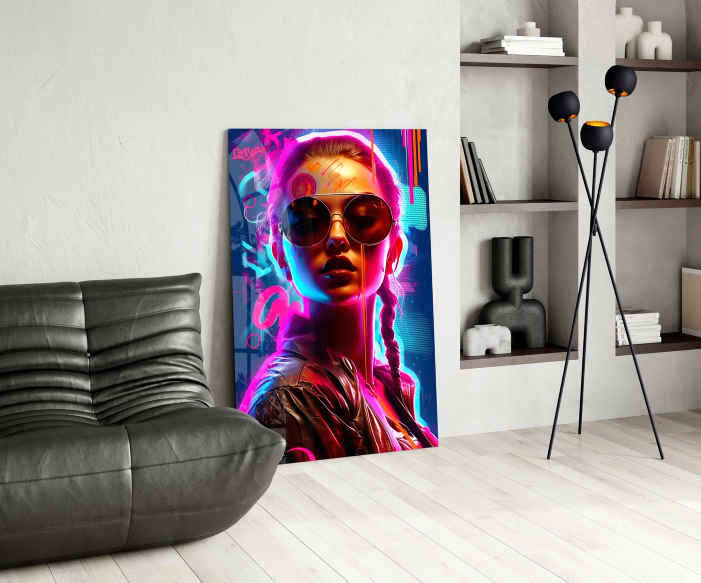 Braided Neon Aviator Woman Glass Wall Art