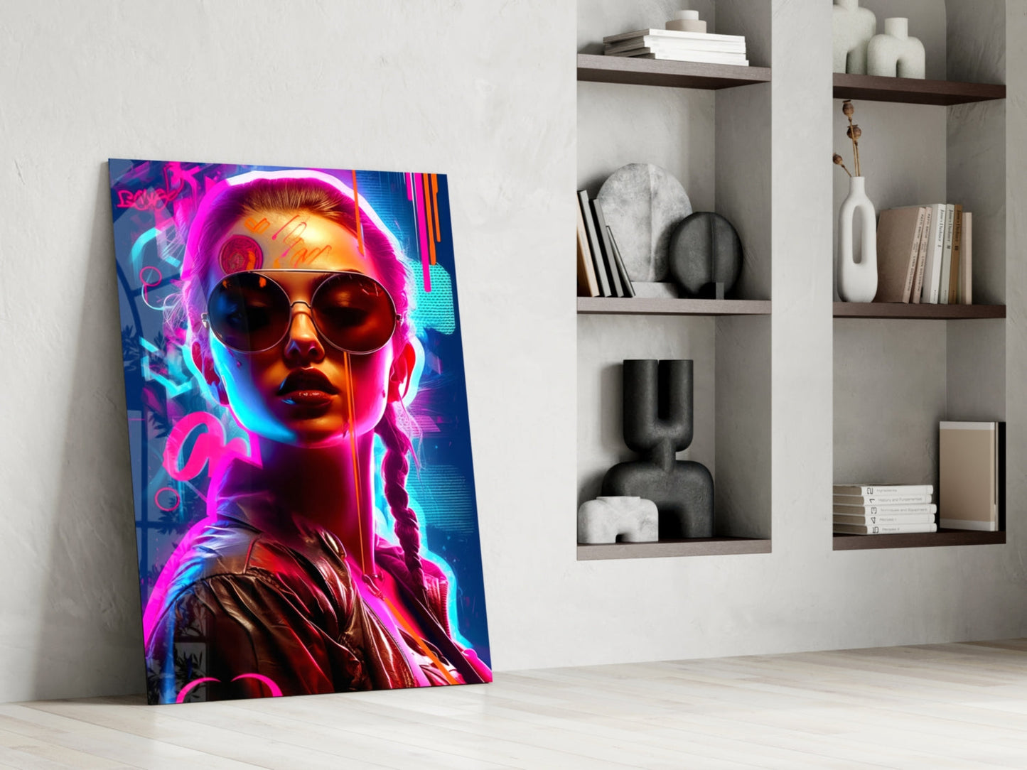 Braided Neon Aviator Woman Glass Wall Art