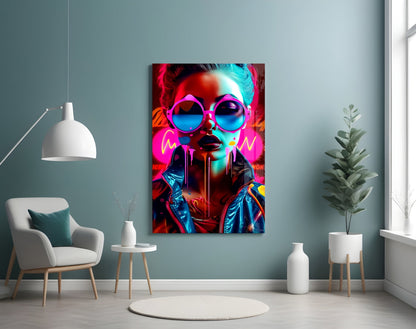Pink Round Glasses Neon Woman Glass Wall Art