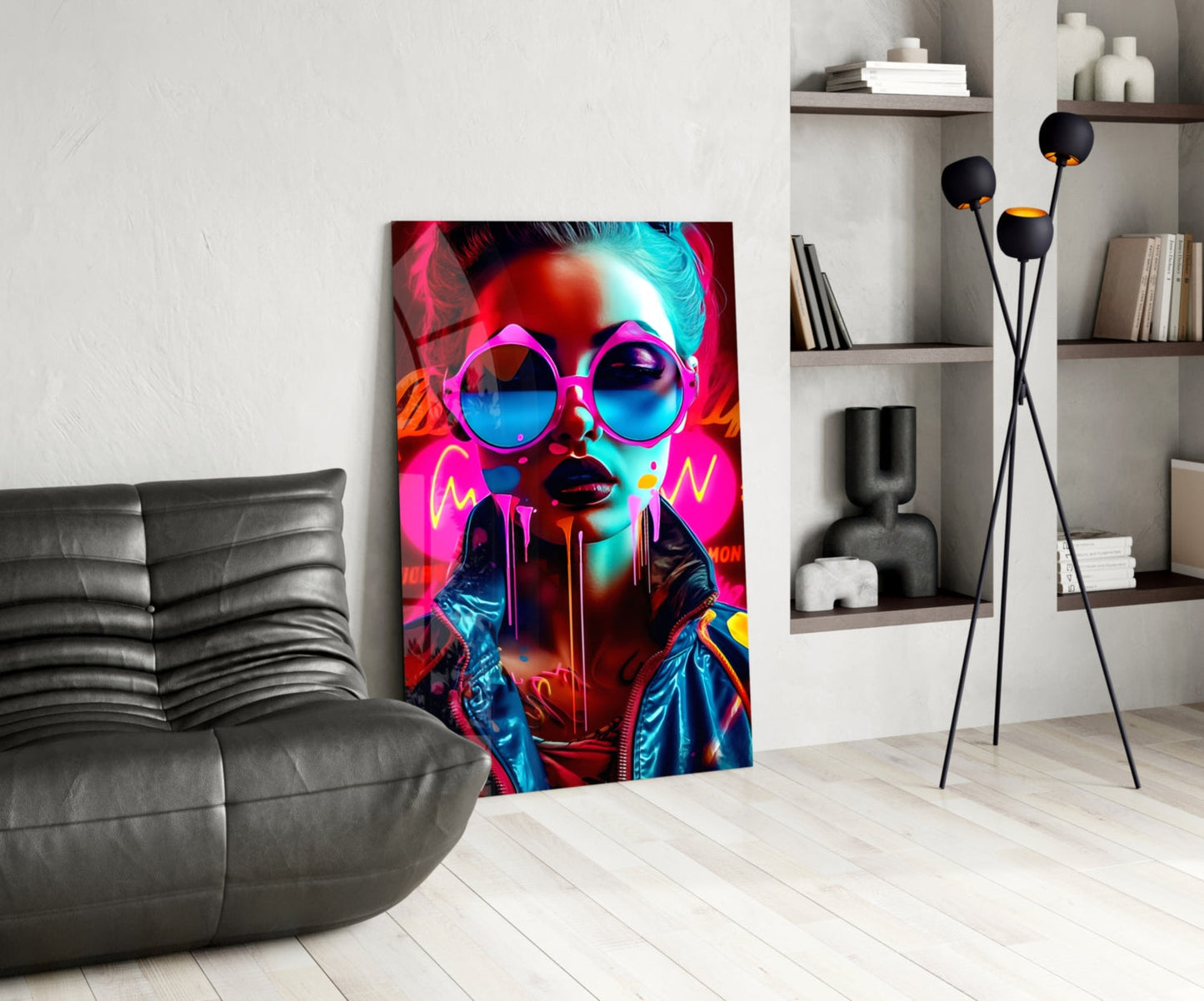 Pink Round Glasses Neon Woman Glass Wall Art