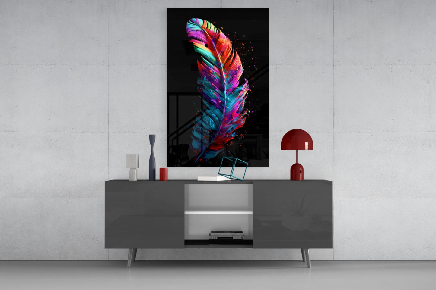 Vibrant multicolored feather glass art displayed above gray media console in modern living room setting.