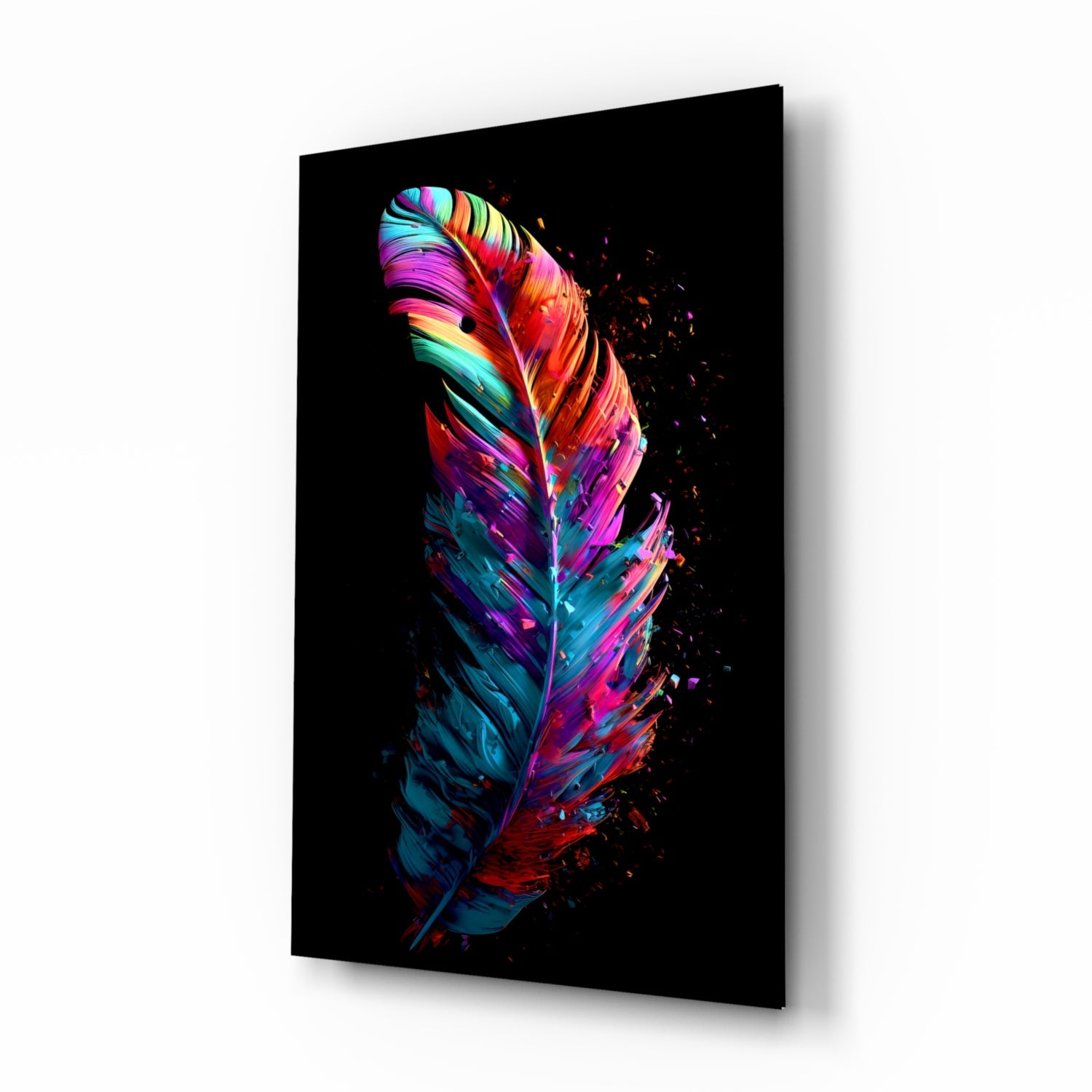 Colorful rainbow feather glass wall art displayed at an angle against black background, showing vibrant neon colors with particle effects.