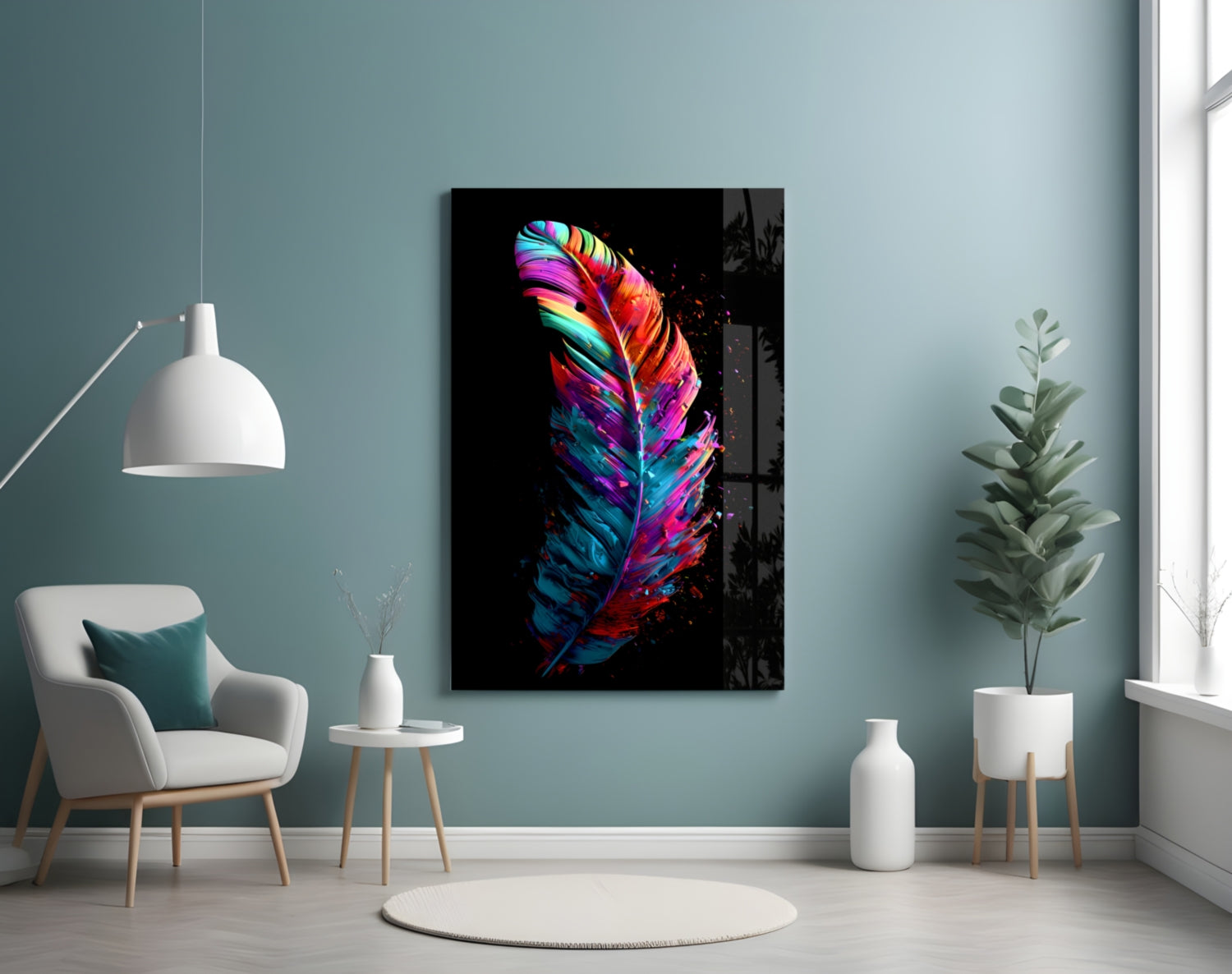 Colorful neon feather glass wall art displayed in modern turquoise room with white chair and plants.