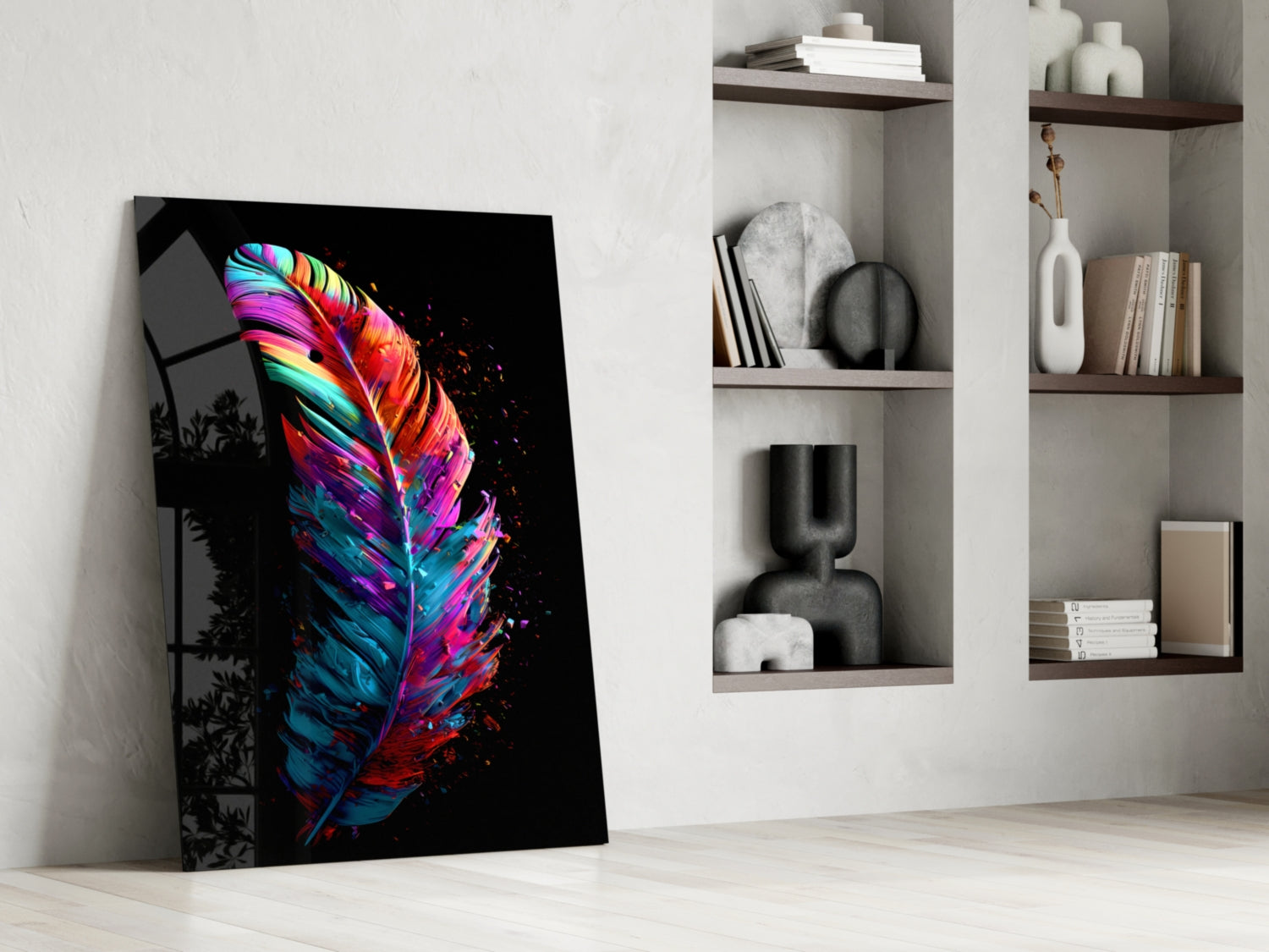 Vibrant neon feather glass art leaning against white wall beside wooden shelving units displaying decorative objects.