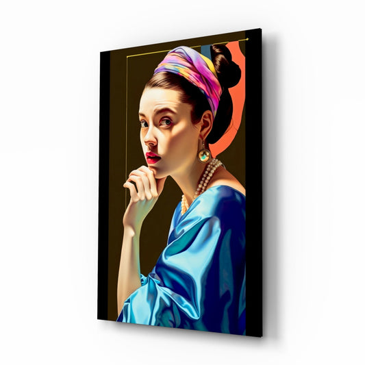 Glass wall art displaying a woman in profile wearing a colorful rainbow turban, blue garment, and pearl jewelry against a dark background.