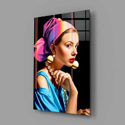 Neon Stripes Girl With A Pearl Earring Glass Wall Art