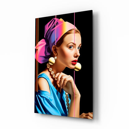 Neon Stripes Girl With A Pearl Earring Glass Wall Art