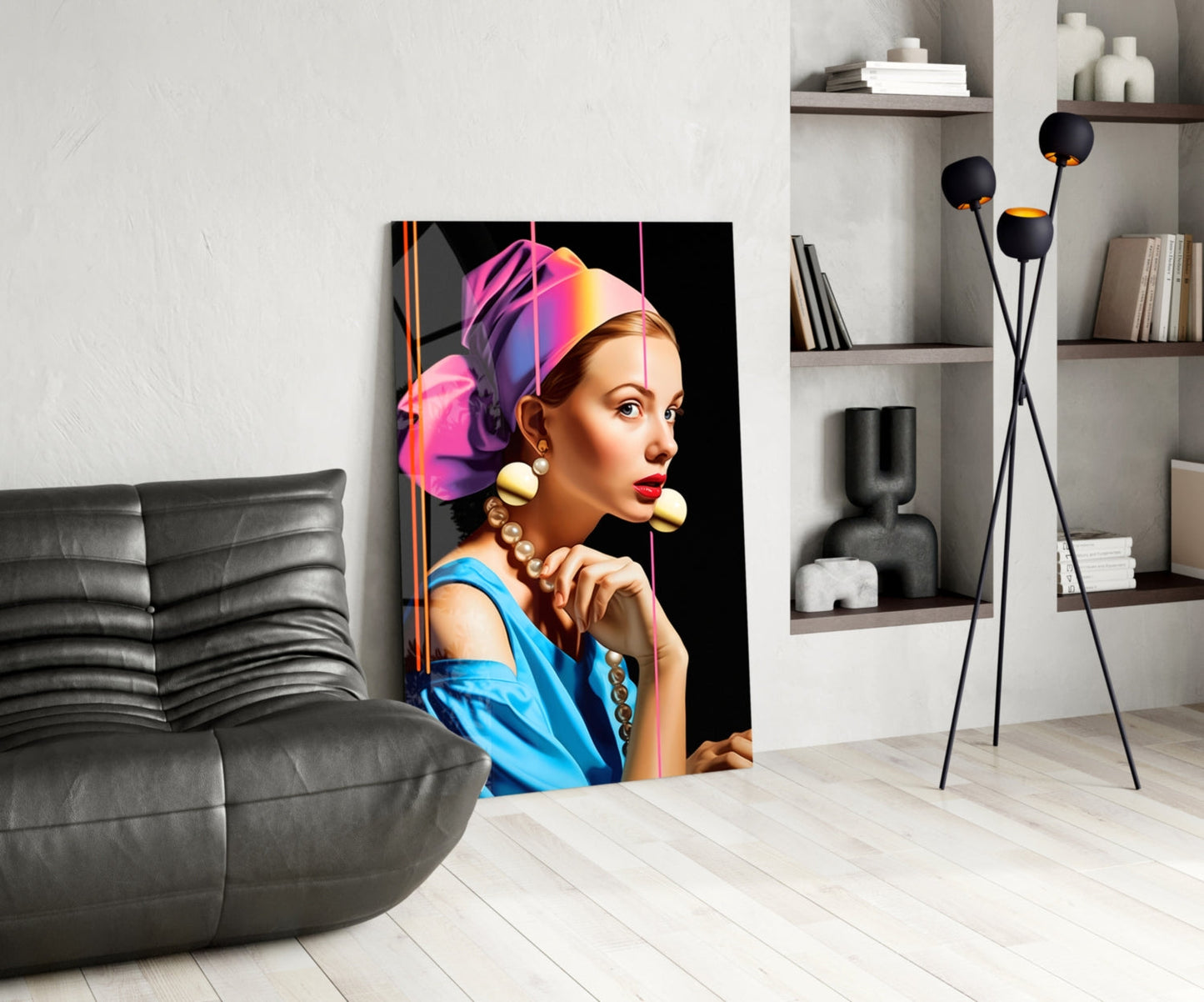 Neon Stripes Girl With A Pearl Earring Glass Wall Art