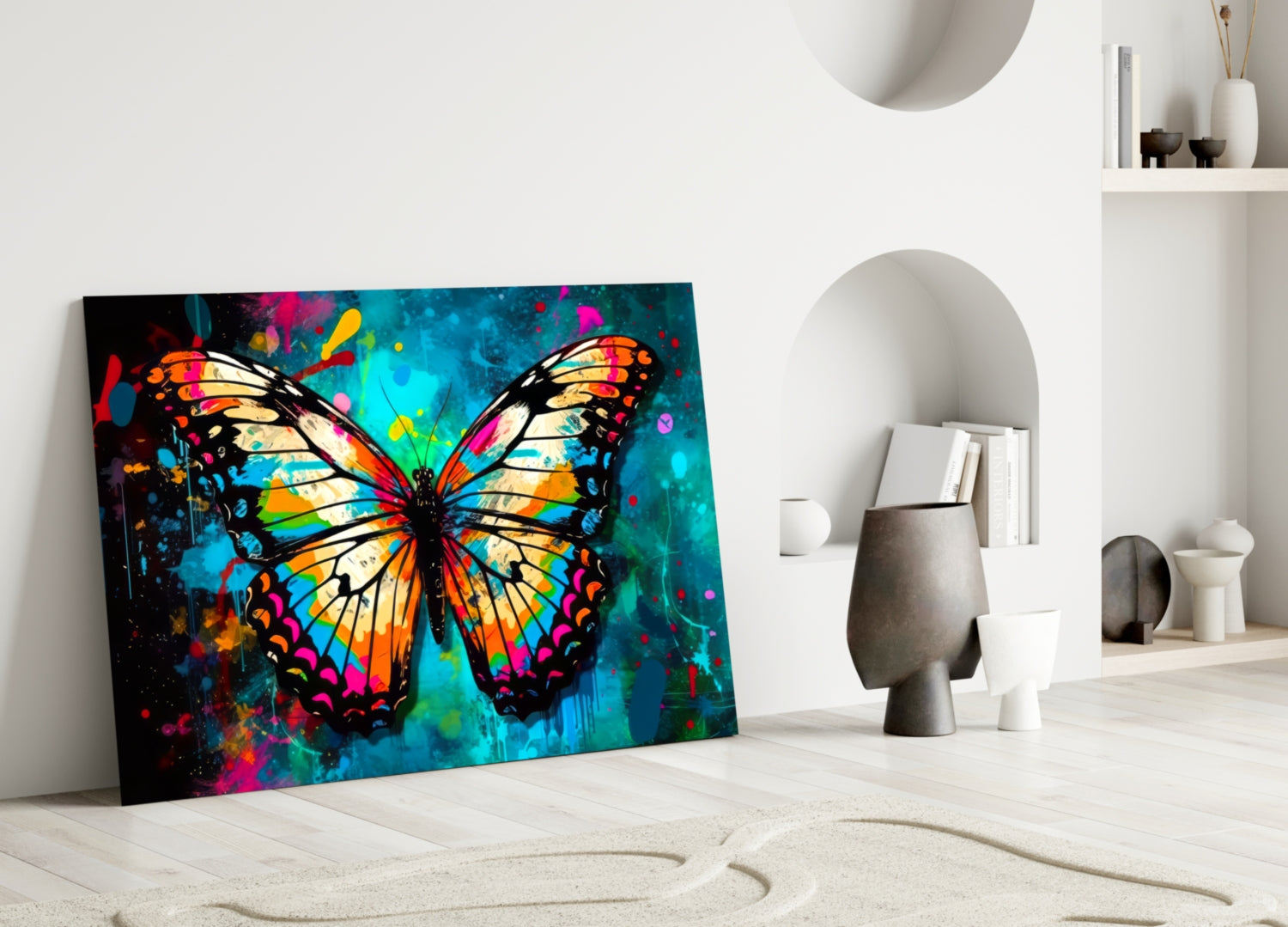 Colorful glass wall art featuring a vibrant butterfly with orange, yellow, blue, and pink wings displayed in a minimalist white room setting.