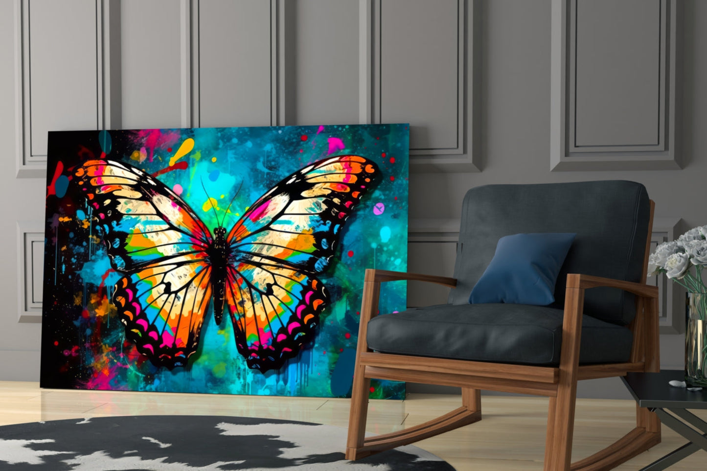 Colorful glass butterfly art panel with vibrant orange, yellow, and turquoise splatter design displayed in modern living room next to wooden chair.