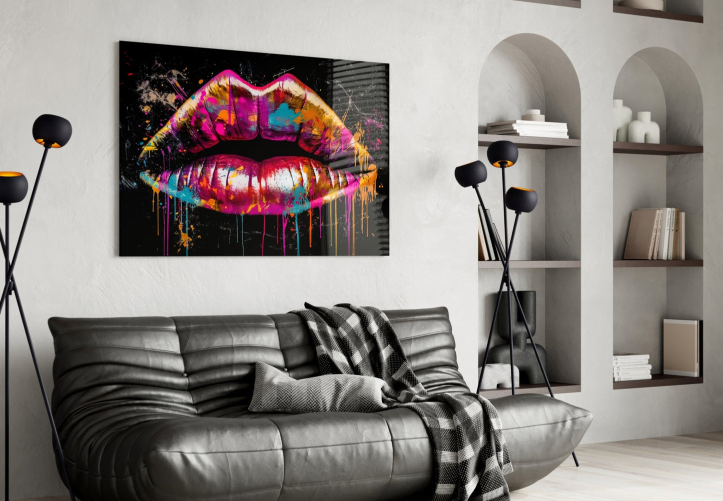 Magenta Paint Drip Lips Glass Wall Art