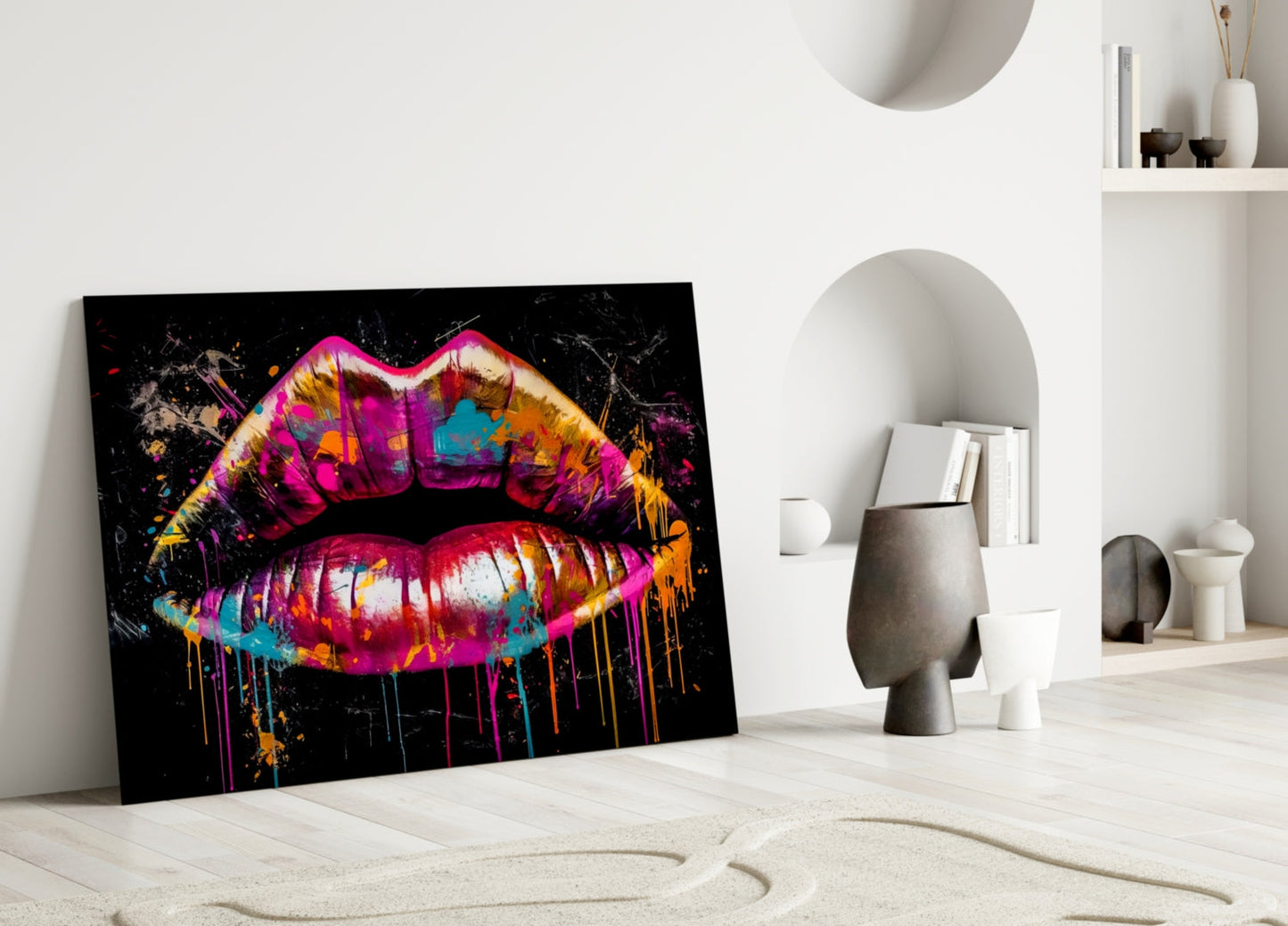 Magenta Paint Drip Lips Glass Wall Art