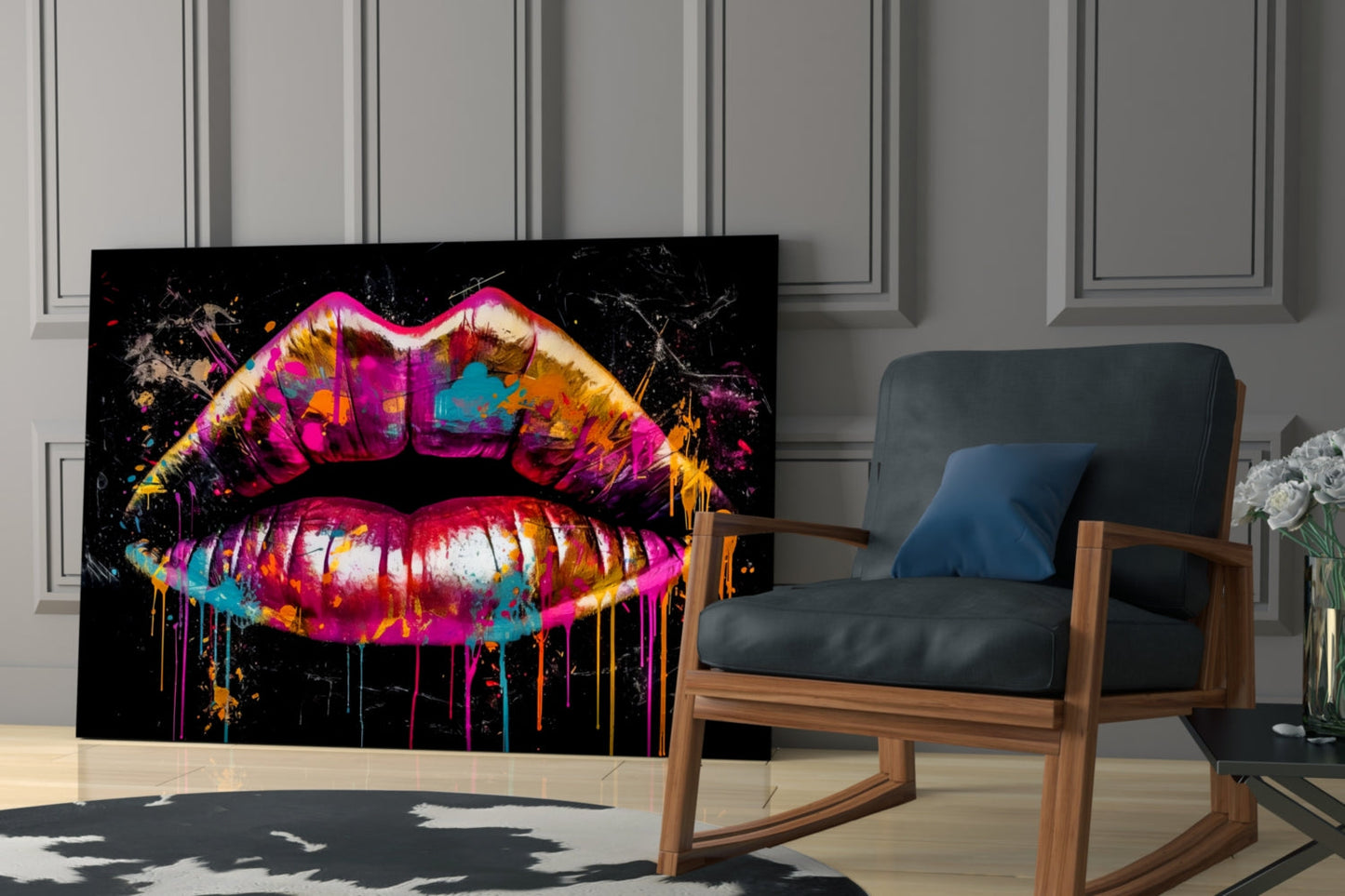 Magenta Paint Drip Lips Glass Wall Art