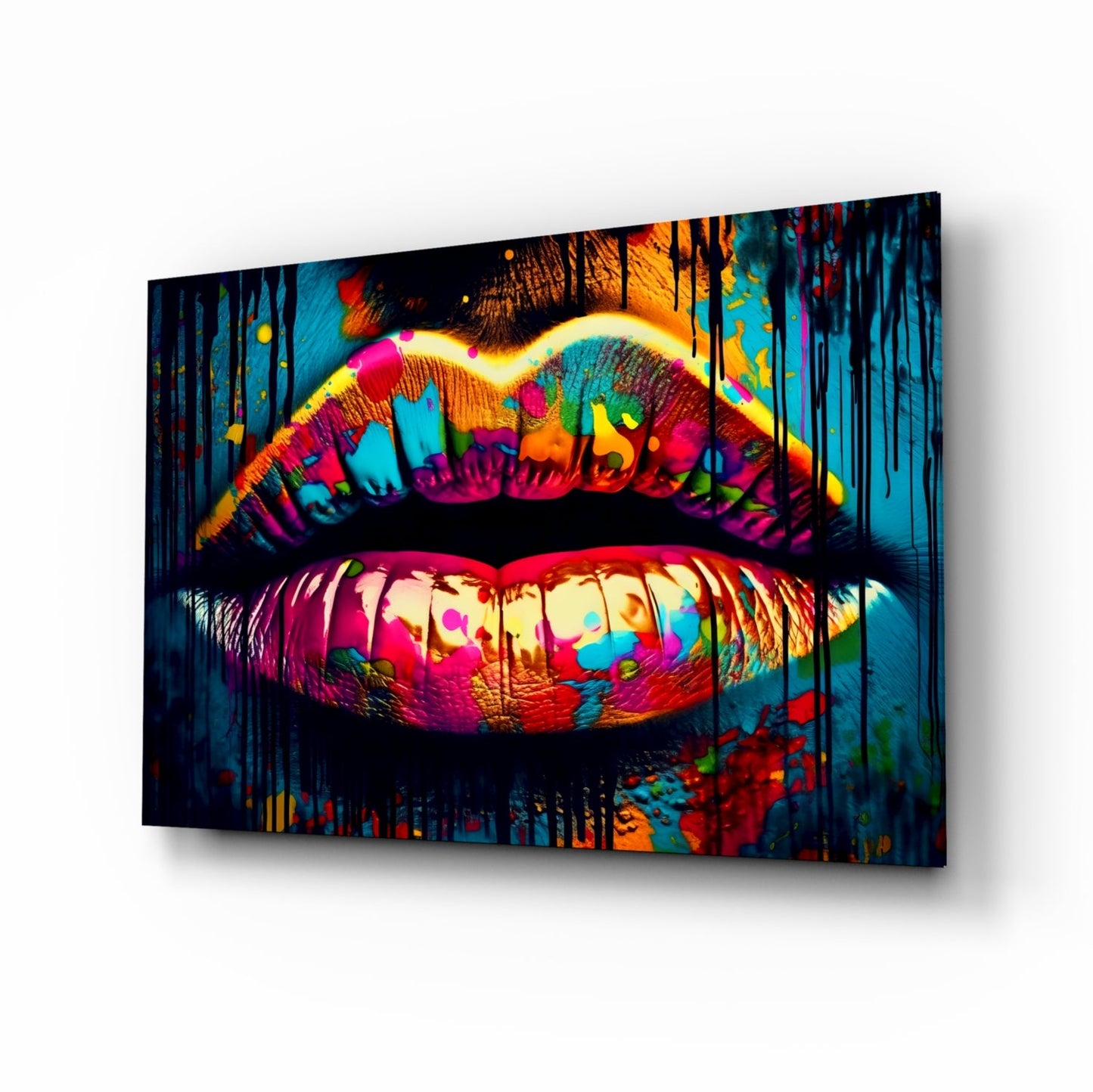 Rainbow Splatter Glossy Lips Glass Wall Art