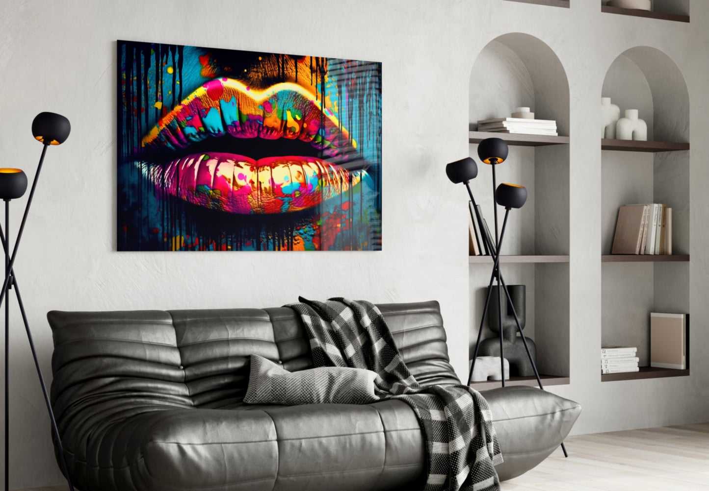 Rainbow Splatter Glossy Lips Glass Wall Art