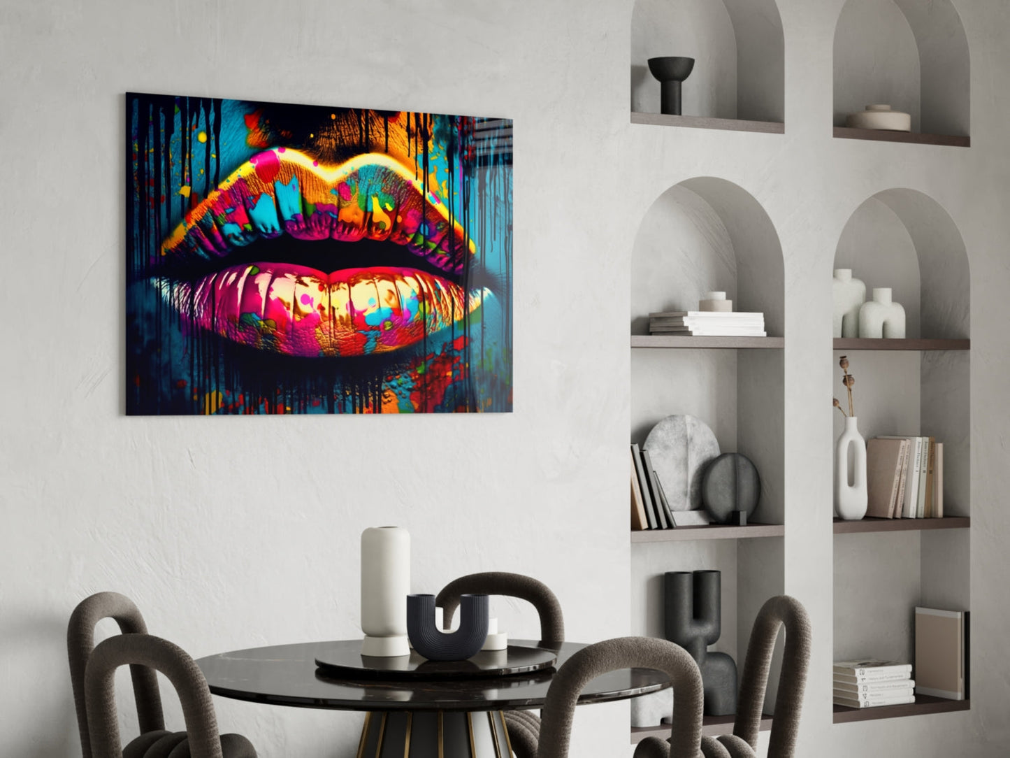 Rainbow Splatter Glossy Lips Glass Wall Art