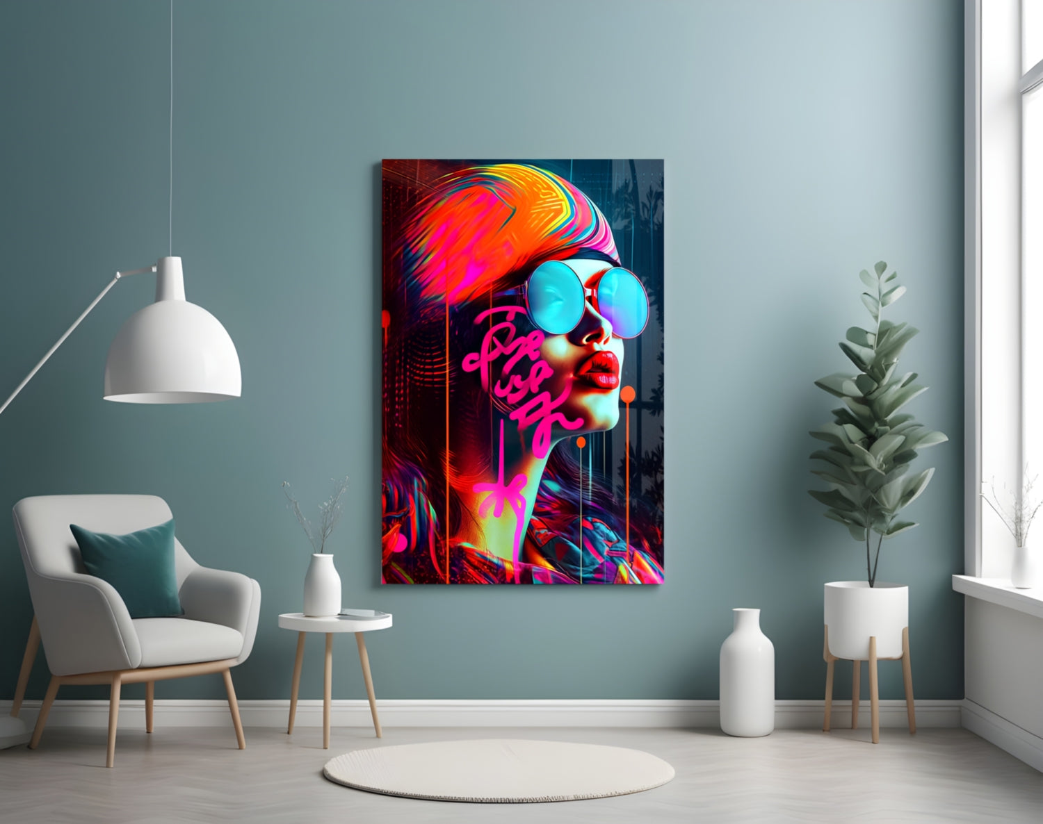 Vibrant neon glass wall art depicting a stylized face with cyan sunglasses and multicolored hair in modern interior setting.