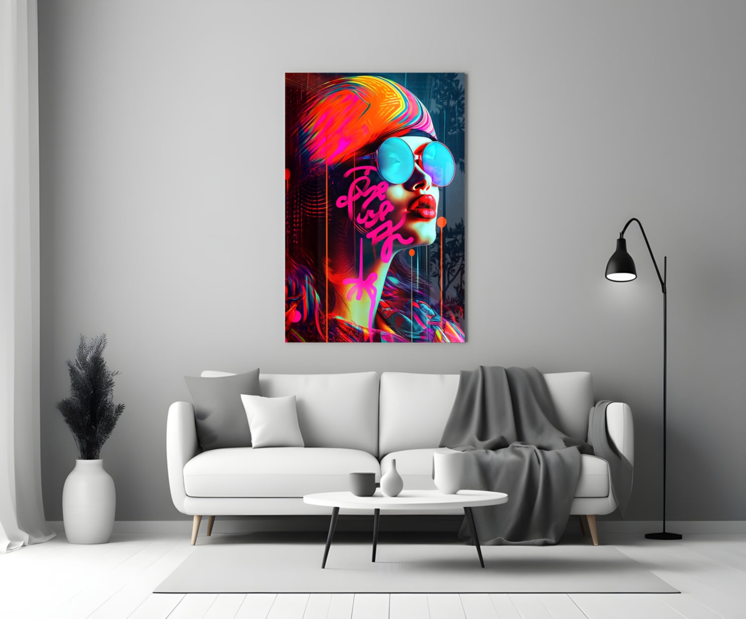 Vibrant neon pop art glass wall panel featuring a stylized face with cyan sunglasses, magenta lips, and rainbow hair displayed above a white sofa.
