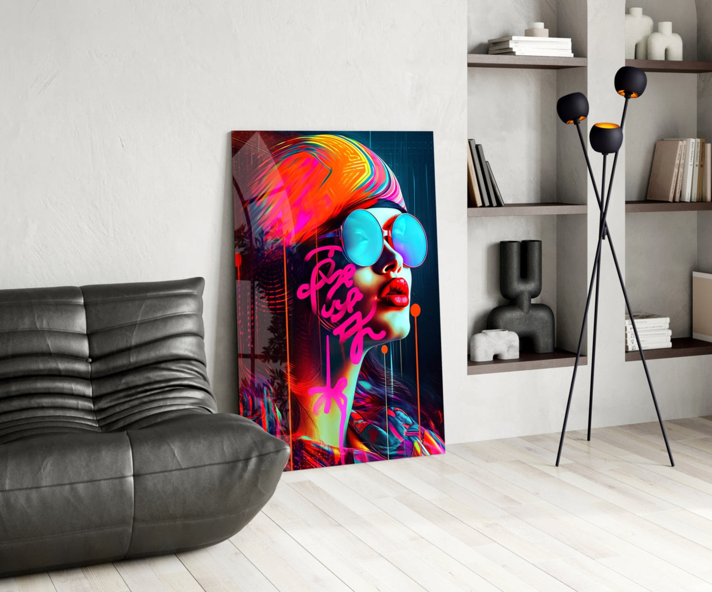 Vibrant neon pop art glass panel featuring colorful profile portrait with cyan sunglasses and magenta text displayed in modern living room.