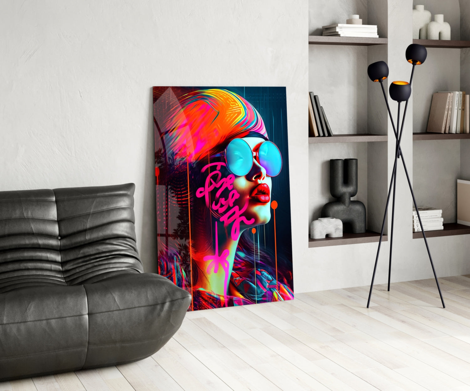 Vibrant neon pop art glass panel featuring colorful profile portrait with cyan sunglasses and magenta text displayed in modern living room.