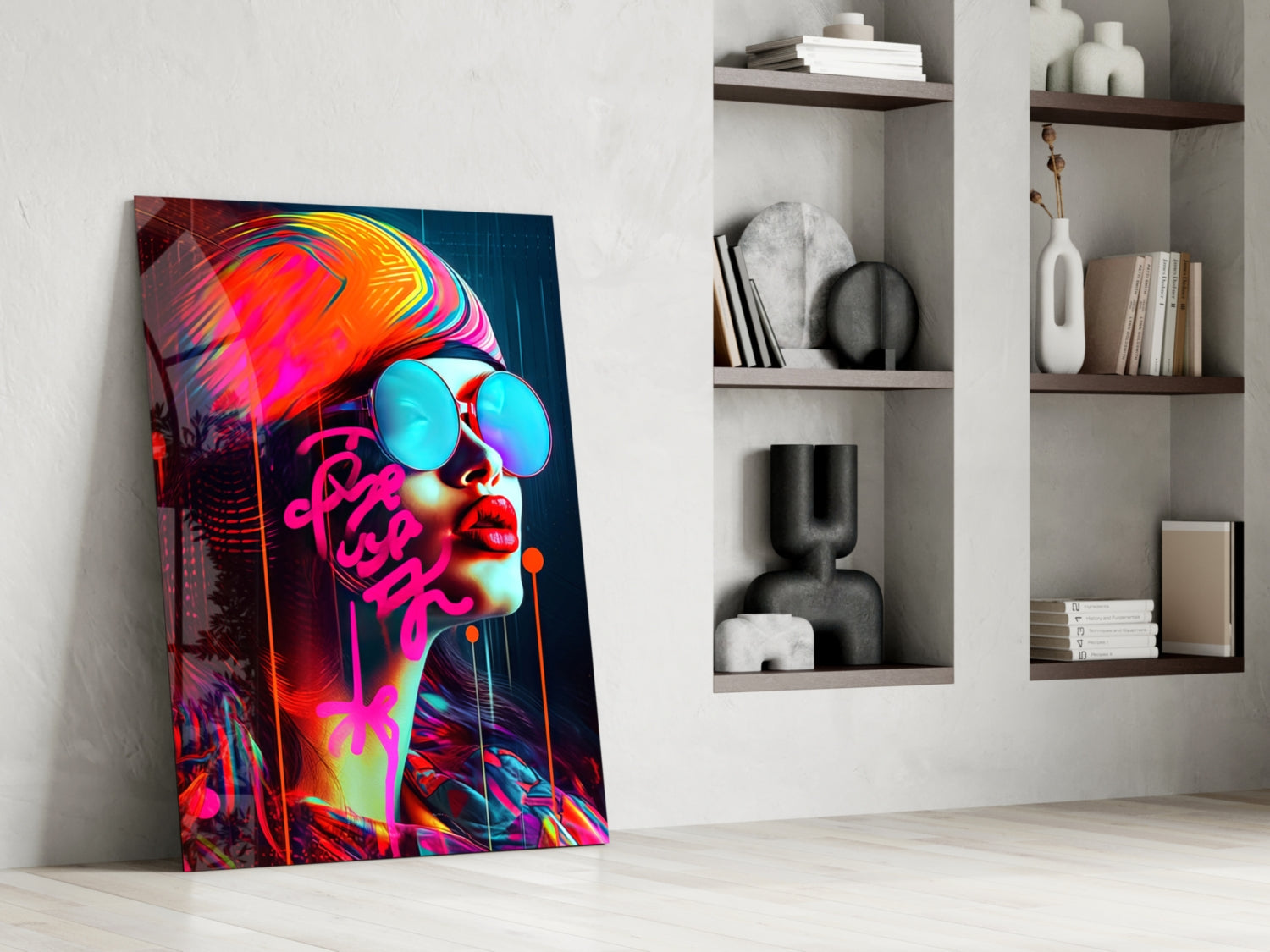 Vibrant neon pop art glass panel leaning against white wall beside minimalist shelving with decorative objects.