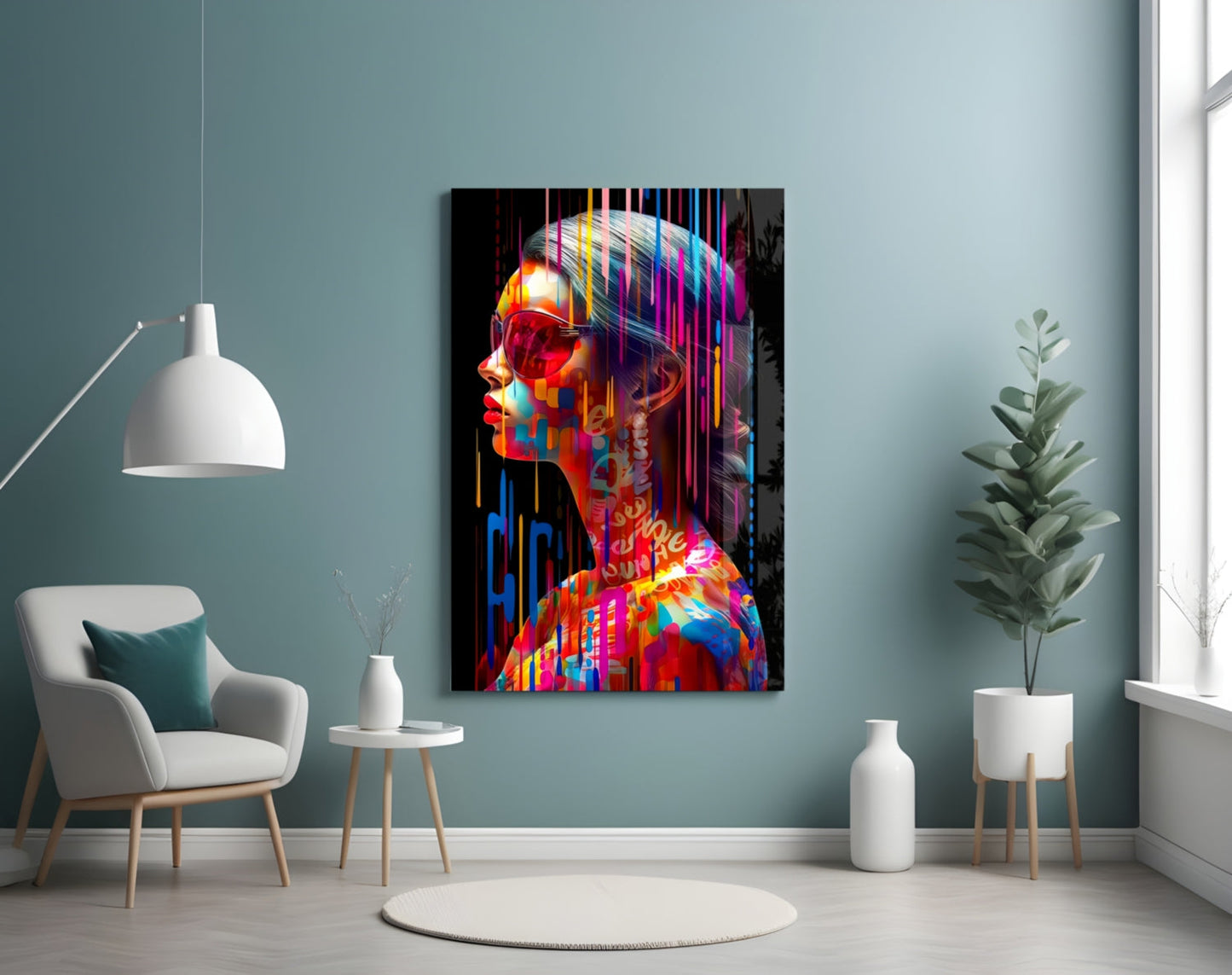 Colorful abstract portrait glass wall art displayed in a modern living room with teal walls, white chair, and potted plants.