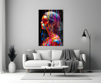 Colorful neon-style glass wall art depicting a profile portrait with rainbow stripes displayed above a white sofa in a minimalist living room.