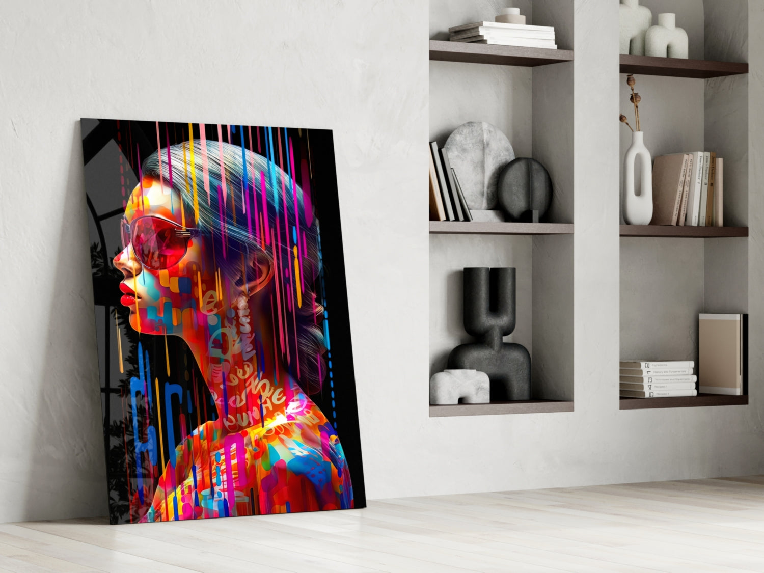 Colorful neon portrait glass art leaning against white wall beside shelving with decorative objects and books.