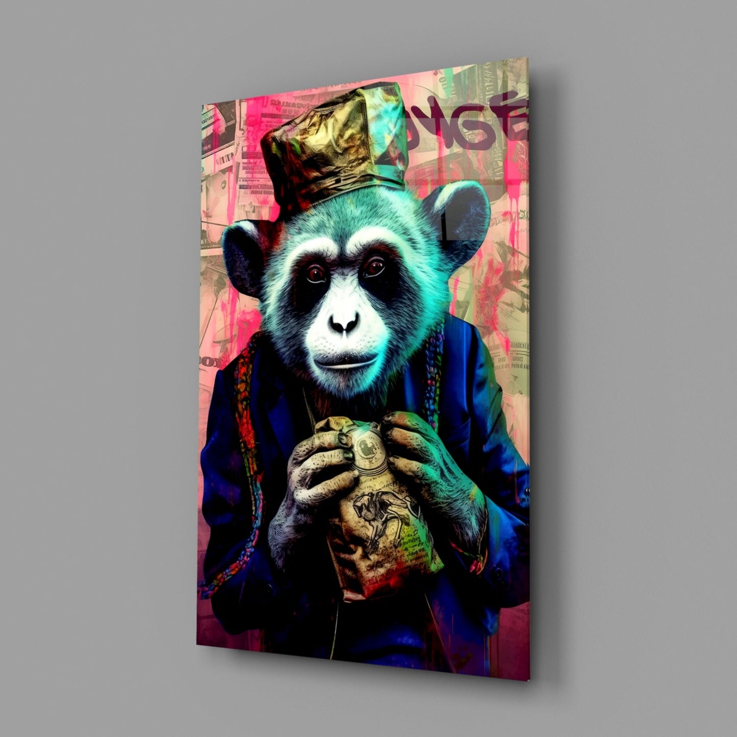 A glass wall art panel displaying a stylized chimpanzee in blue clothing and gold hat holding a coin, set against a colorful pink and turquoise collaged background.