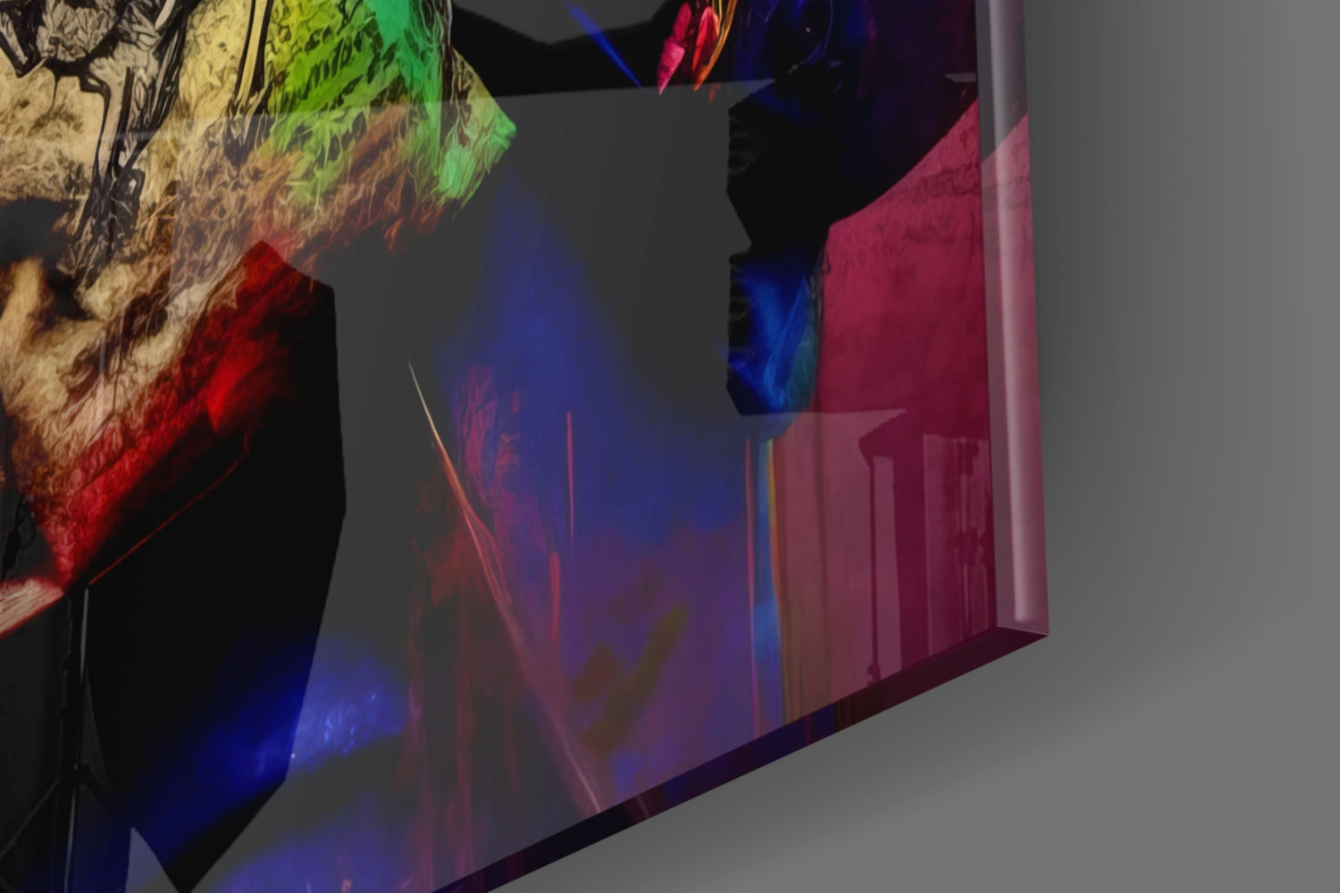 Illuminated glass wall art panel displaying colorful projected imagery of a monkey figure with green, red, and blue light effects in an interior space.