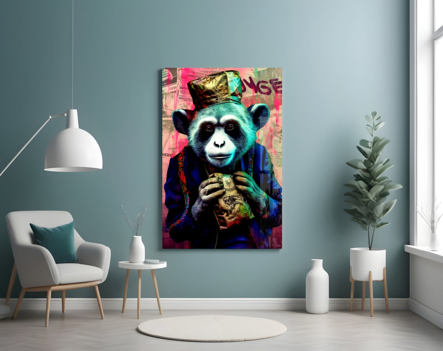 Vibrant pop art glass panel depicting a colorful chimp wearing a crown and holding money, displayed on a teal bedroom wall.
