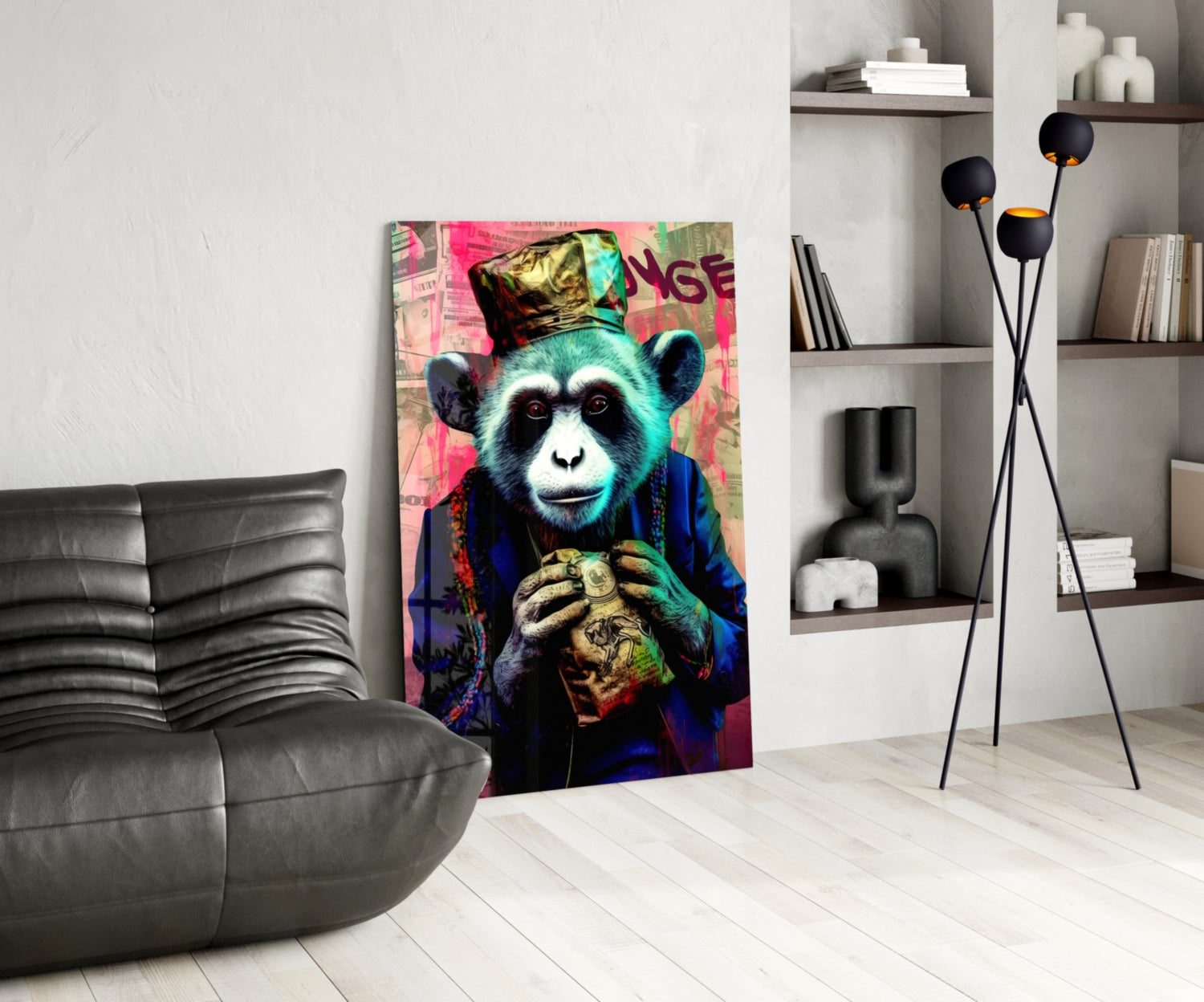 Colorful pop art glass panel depicting a chimpanzee wearing a gold crown and blue jacket, displayed in a modern living room with leather sofa and shelving.
