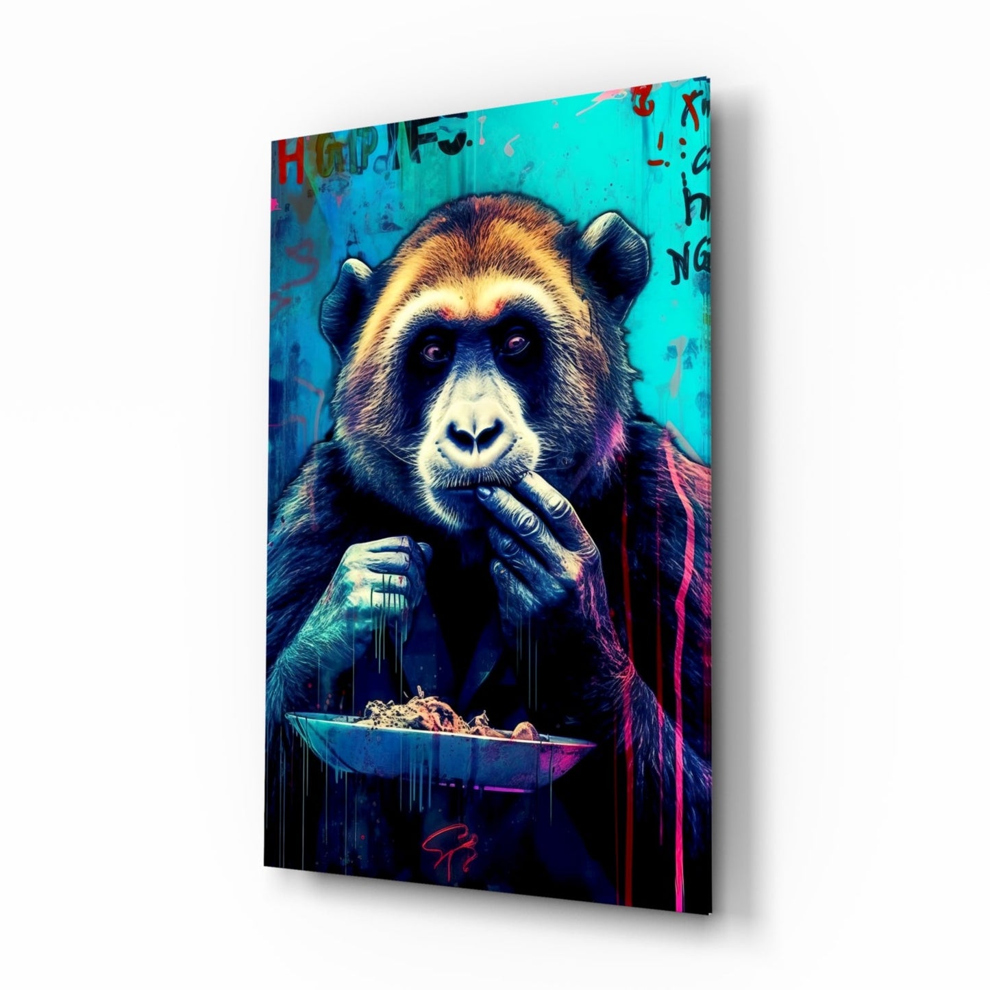 Angled side view of glass wall art displaying a colorful chimpanzee holding a bowl, with turquoise and dark backgrounds and graffiti-style text.