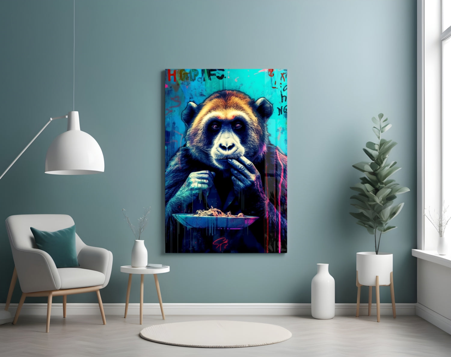 Vibrant glass wall art depicting a colorful chimp holding utensils over a plate against bright turquoise background, displayed in modern living room setting.