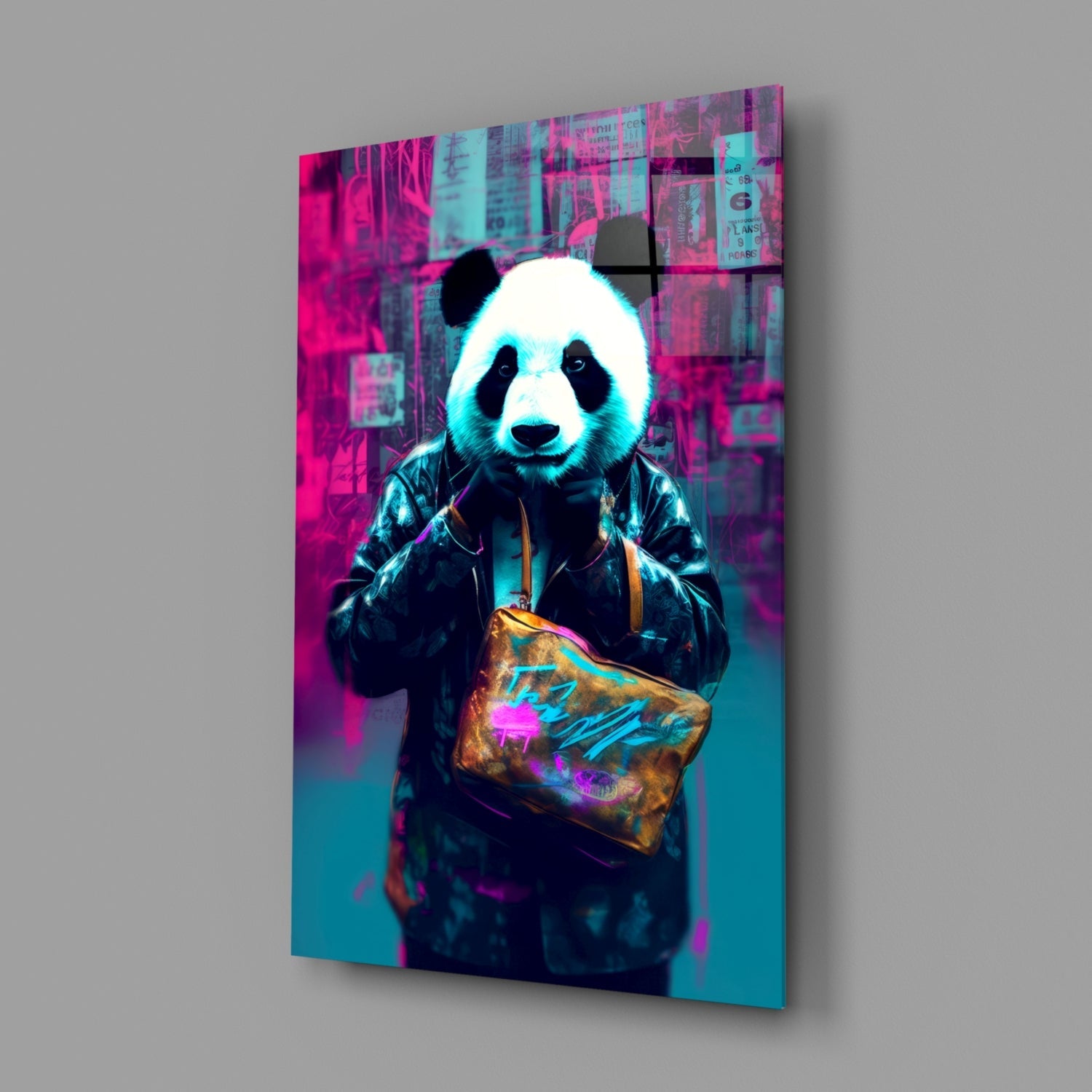 Glass wall art displaying a neon cyberpunk panda wearing a black jacket and holding a metallic gold bag against a vibrant pink and cyan urban background.