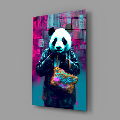 Glass wall art displaying a neon cyberpunk panda wearing a black jacket and holding a metallic gold bag against a vibrant pink and cyan urban background.