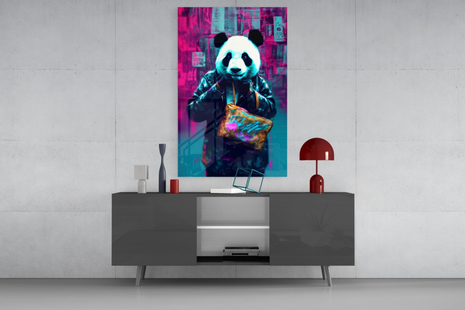 Vibrant neon panda artwork displayed on gray media console in modern living room setting with red lamp and decorative accessories.