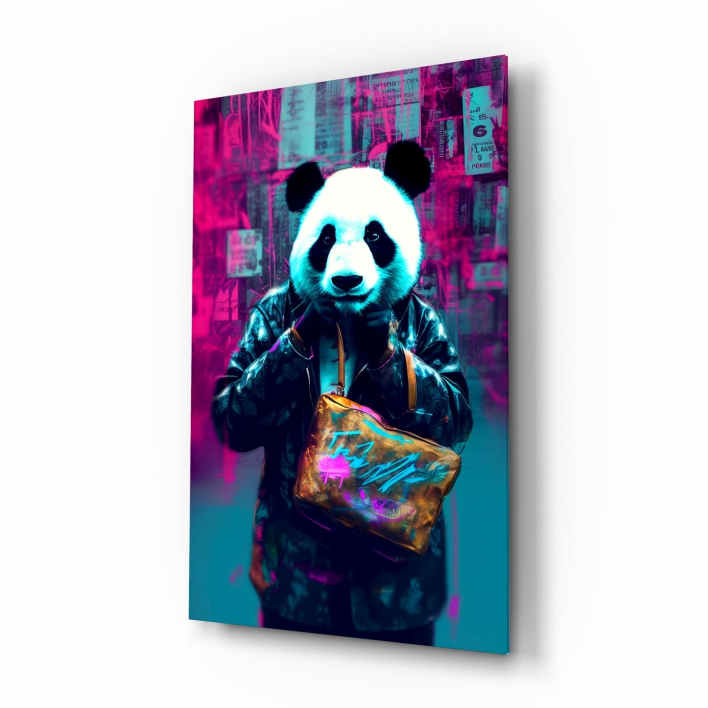 Angled front view of glass wall art displaying a neon-lit panda wearing a black jacket and holding a gold holographic bag against a vibrant magenta and cyan urban backdrop.