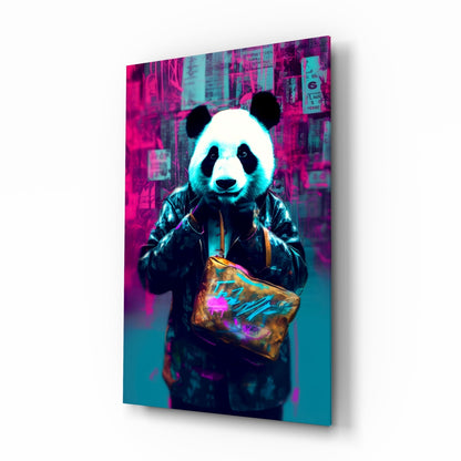 Angled front view of glass wall art displaying a neon-lit panda wearing a black jacket and holding a gold holographic bag against a vibrant magenta and cyan urban backdrop.