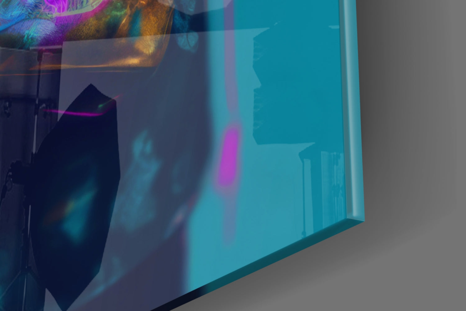 Angled view of turquoise glass wall art panel displaying colorful abstract design with magenta and gold accents.
